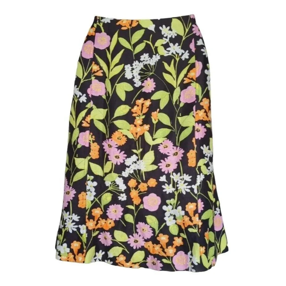 Sigrid Olsen Linen Blend Colorful Floral A Line Skirt Linen Floral Black L 12 - Picture 2 of 4